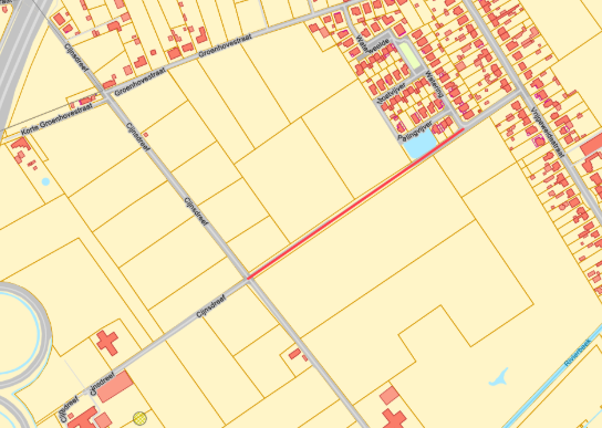 Kaart van een woongebied met straten zoals Cijnsdreef, Groenhoveststraat en Vliegveldstraat, inclusief huizen en waterpartijen. (vergroot foto)