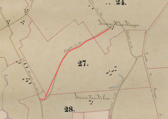 Oude landkaart met percelen en wegen, rood gemarkeerde route tussen ferme Vau Dimpe en ferme Vau Solen. (vergroot foto)