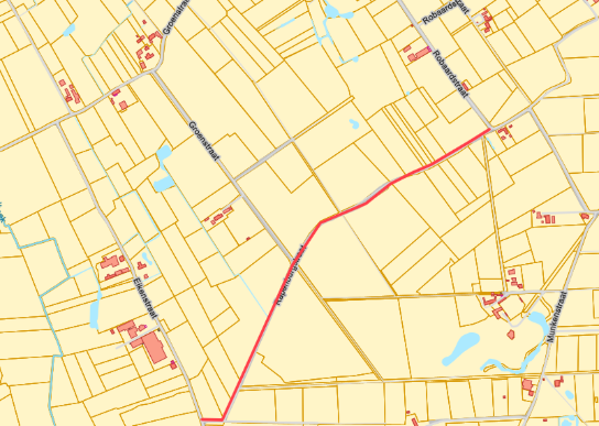 Kaart met wegen en percelen, met een route gemarkeerd van Groenstraat naar Robaardstraat. (vergroot foto)