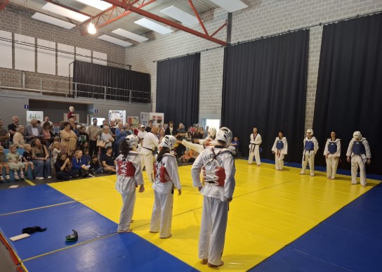 Een groep taekwondoërs in beschermende kleding staat op een gele mat, omringd door toeschouwers in een sporthal. (vergroot foto)