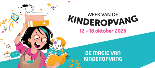 Illustratie van een vrouw met kind en boeken, tekst over Week van de Kinderopvang 12-18 oktober 2026. (vergroot foto)