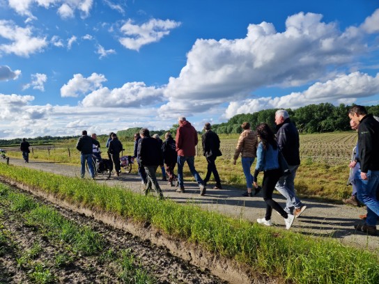 Groep mensen wandelt op een landweg tussen groene akkers onder een blauwe lucht met wolken. (vergroot foto)