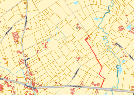 Kaart van een landelijk gebied met wegen, percelen en bebouwing, met Proosdijstraat centraal zichtbaar. (vergroot foto)