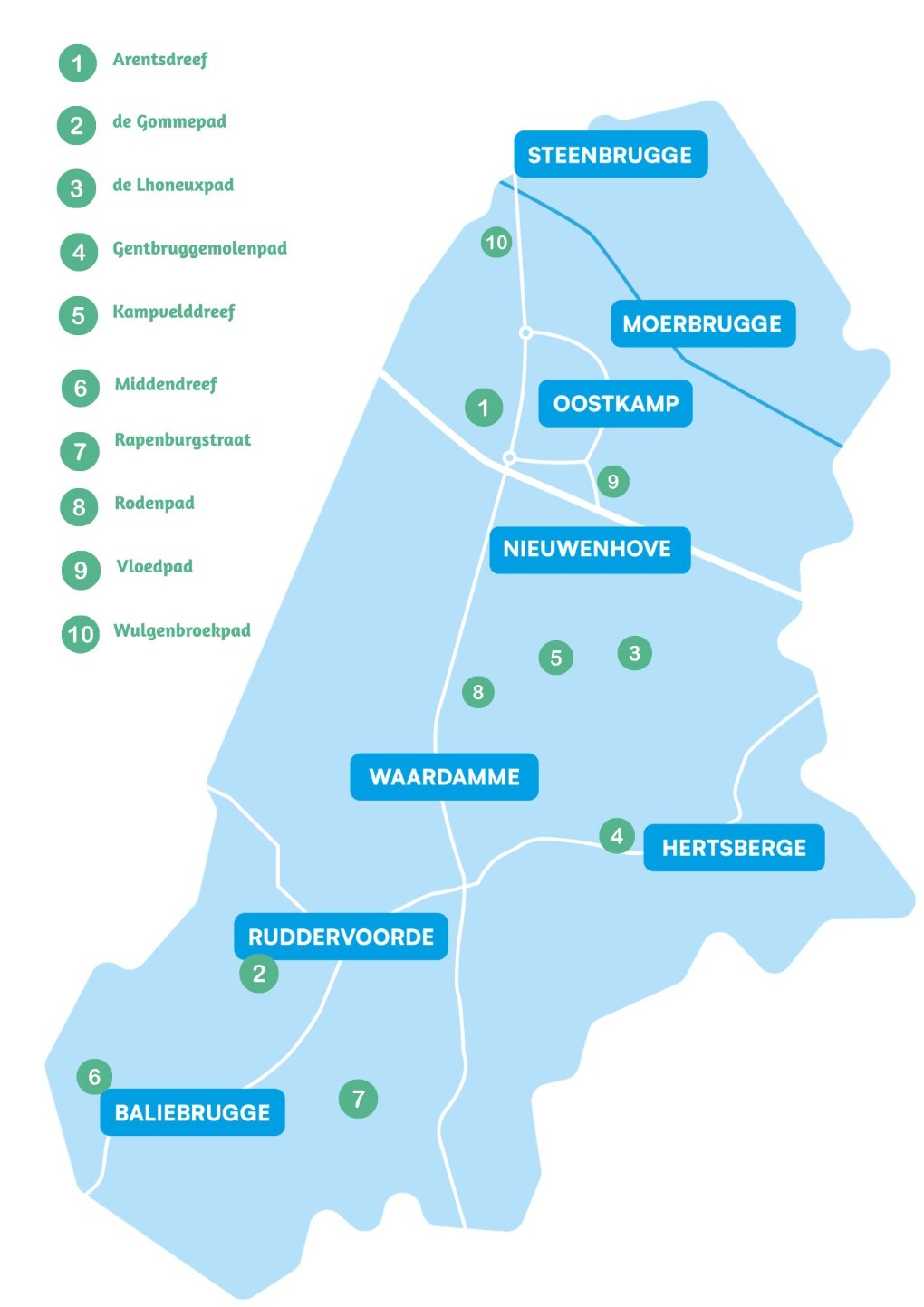 Kaart van regio met 10 wandelpaden en locaties zoals Steenbrugge, Moerbrugge, en Baliebrugge.